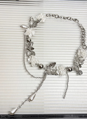 法式白色花朵蝴蝶珍珠流苏项链女