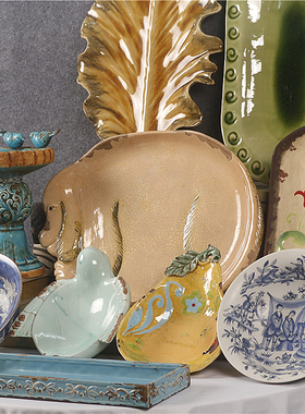 美式复古做旧窑变冰裂釉陶瓷托盘