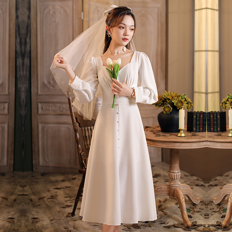 领证小白长袖秋季登记法式轻连衣裙 美蓓可连衣裙