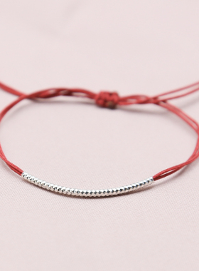 925纯银闪亮一字管红手绳手链