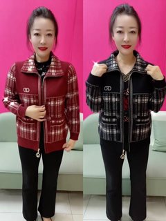 Autumn and winter new fashion zipper plaid jacket casual versatile lapel middle-aged and elderly regular women's tops women's clothing