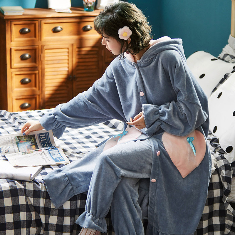 秋冬季珊瑚绒长款两件套装冬天睡袍 思妮兰睡衣/家居服套装