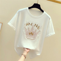 Hong Kong 2023 Summer new lace Nail Beads Temperament Short Sleeve T-Shirt Woman Fashion 100 Hitch-Cut half-sleeve blouse