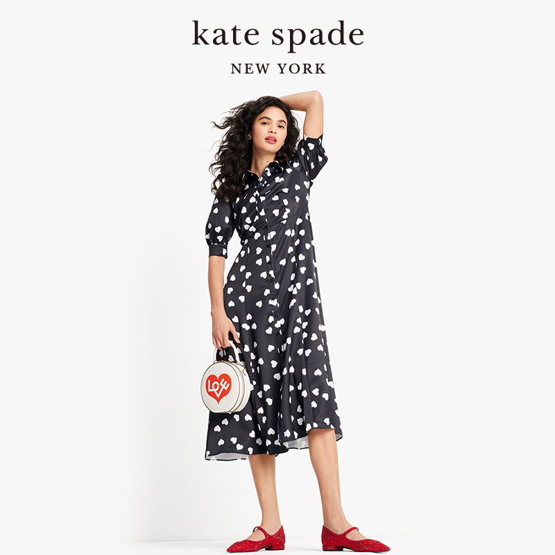 kate spade ks心形印花收腰连衣裙日常通勤爱心女-图0