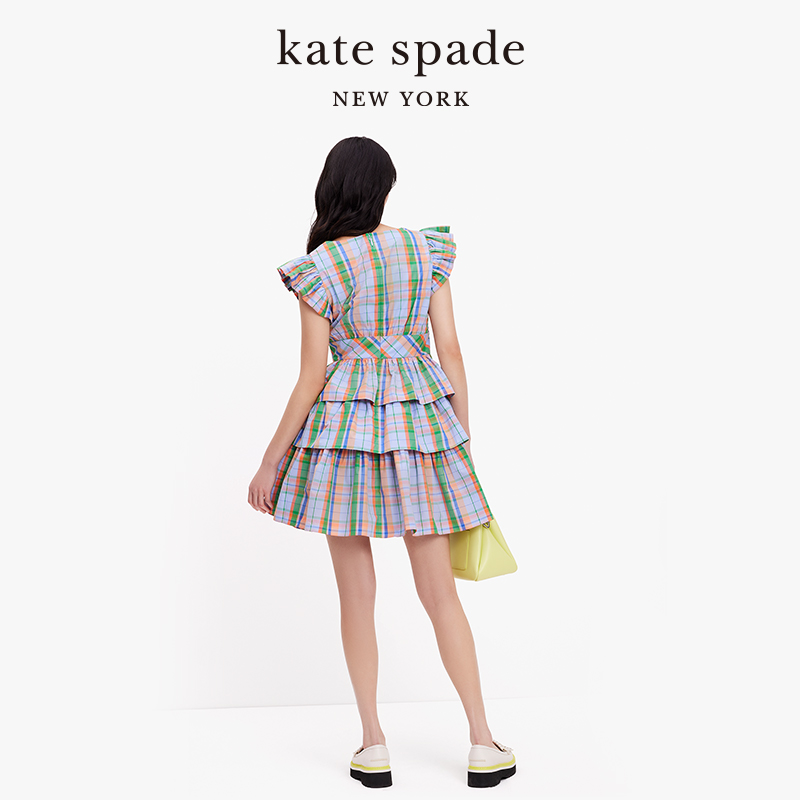 【2024新款】kate spade ks马德拉斯格纹蛋糕连衣裙度假出游精致-图2