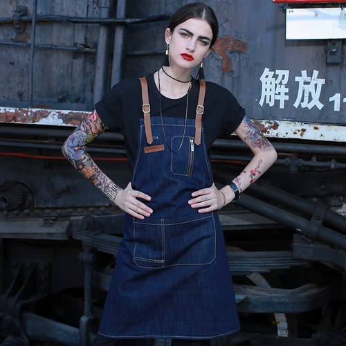 Джинсовый кофейный японский фартук для работы, надевается на плечо, в корейском стиле, делается под заказ
