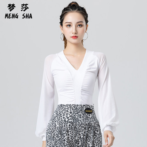 秋季摩登舞上衣女新款V领国标舞性感白色拉丁舞服连体舞蹈比赛服 - 图0