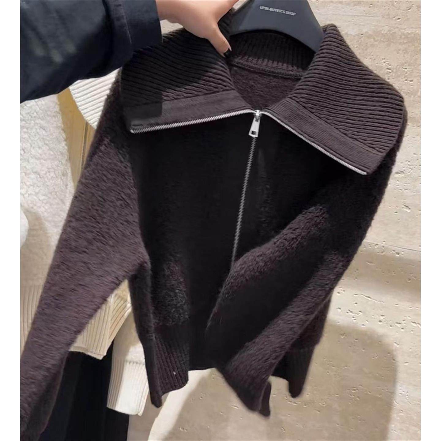 JOYIASS秋季慵懒风穿搭设计感小众拉炼翻领毛衣外套女显瘦宽松覆,淘宝优惠券,粉丝福利购,淘宝优惠卷