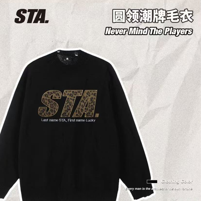 STA官方店秋冬季复古毛衣男士圆领宽松保暖打底衫重磅情侣毛线衣