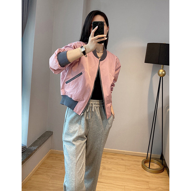 粉色短款棒球服休闲小个子春季夹克 绣檬玥短外套