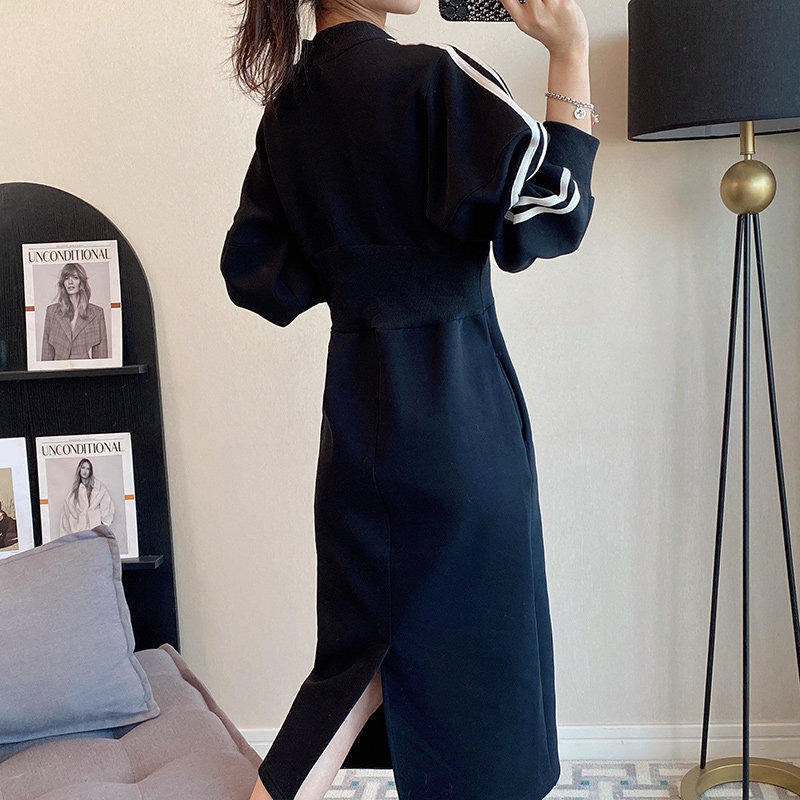 半拉链黑色连衣裙中长款收腰卫衣 绣檬玥连衣裙