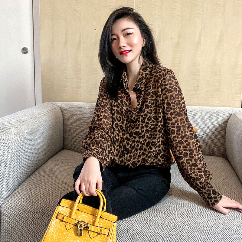 轻熟复古豹纹雪纺欧洲站秋装衬衫 绣檬玥衬衫