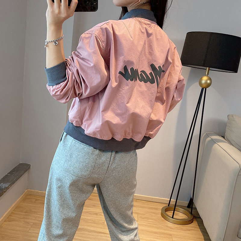 粉色短款棒球服休闲小个子春季夹克 绣檬玥短外套