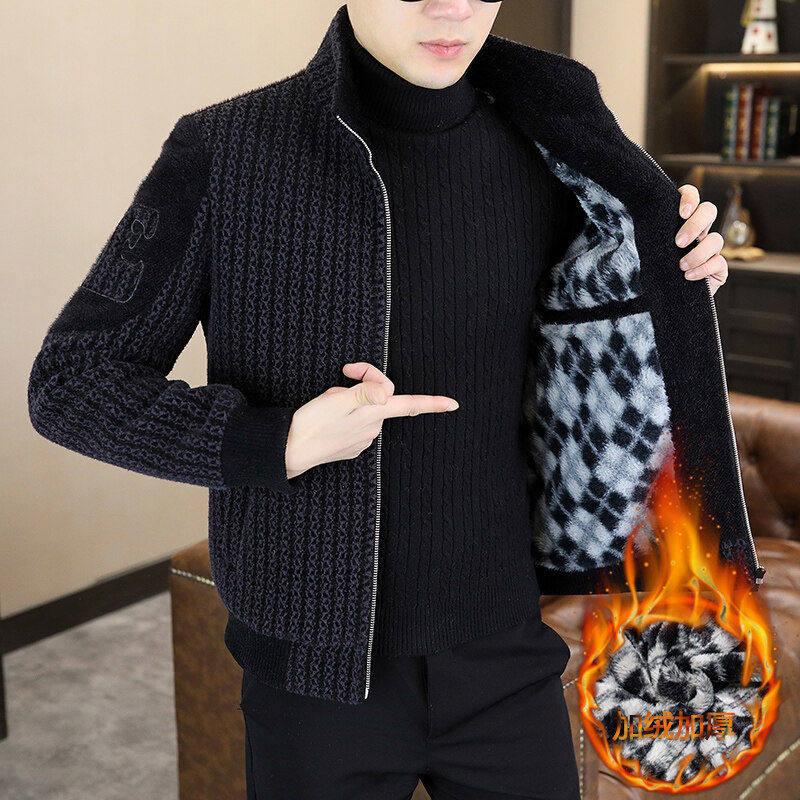 高端冬季金貂绒夹克男修身加绒加厚条纹短款风衣休闲毛呢大衣外套,淘宝优惠券,粉丝福利购,淘宝优惠卷