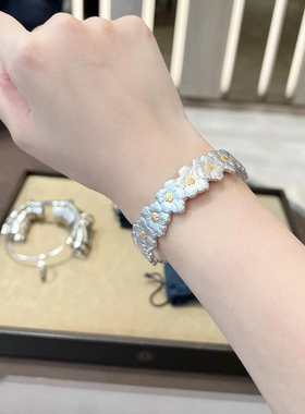布吉拉提opera歌剧院意大利复古镶钻雏菊栀子花开口手镯925银镀金