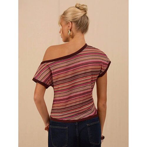 条纹斜肩领上衣女Colorful striped sloping shoulder collar top - 图0