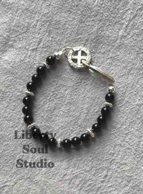 LibertySoul自由灵魂日系黑耀石羽毛扣唐草手链s925银手工原创