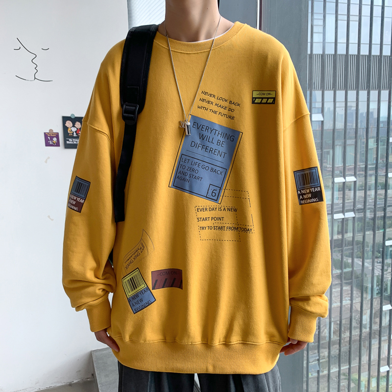 潮百盾旗舰店宽松大码港风印花ins卫衣男潮流学生上衣春秋季长袖t恤打底衫0