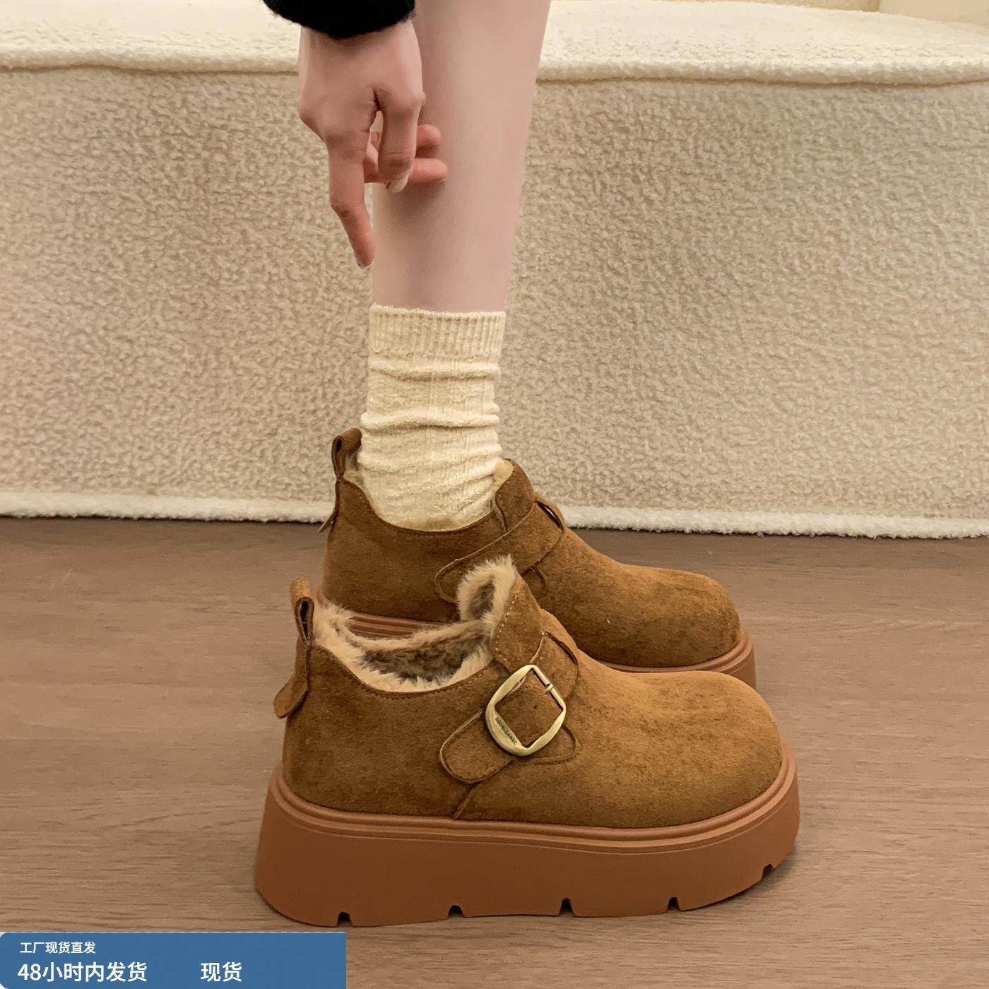 厚底增高加绒加厚勃肯鞋女乐福鞋2025冬季新款雪地靴百搭高帮棉鞋 - 图1