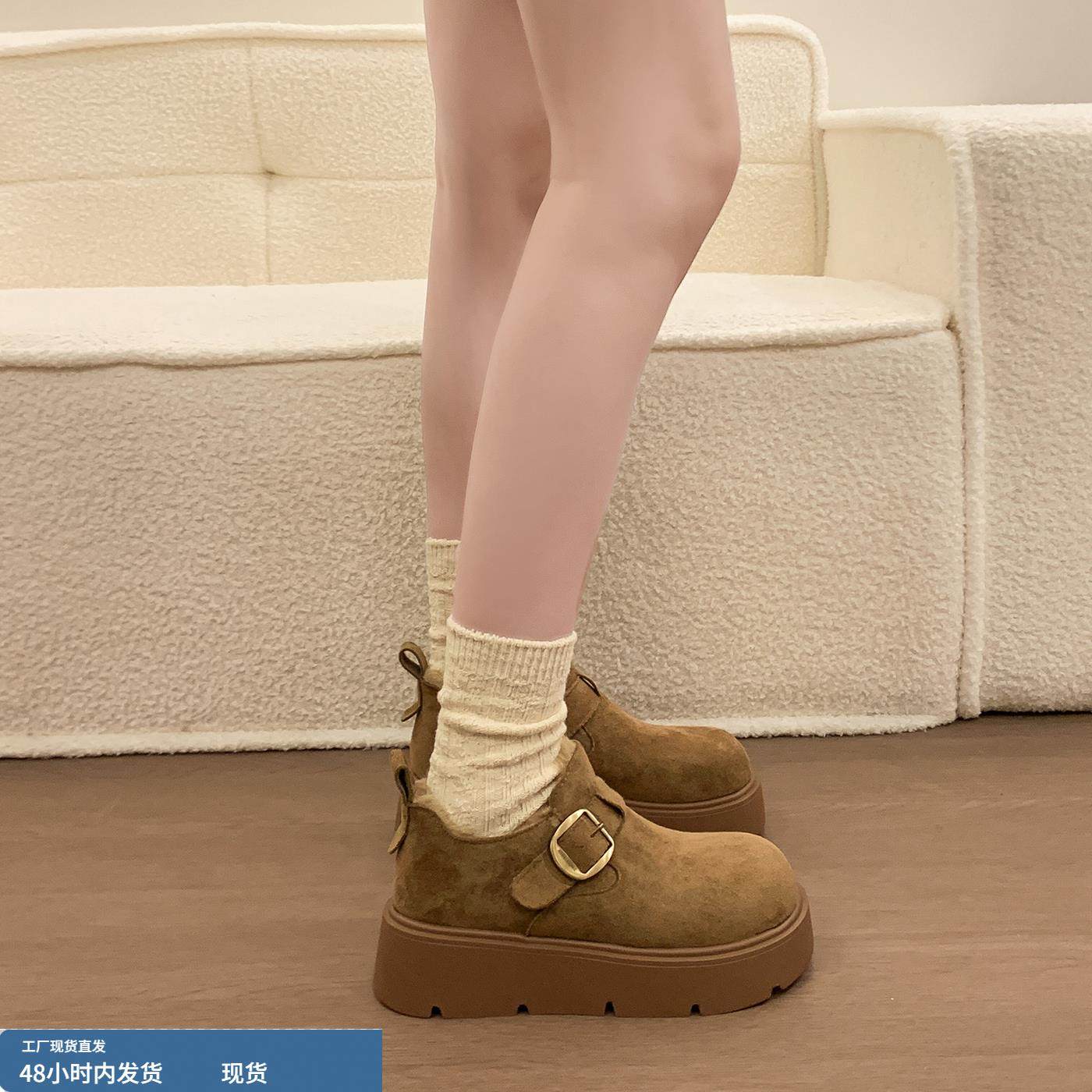 厚底增高加绒加厚勃肯鞋女乐福鞋2025冬季新款雪地靴百搭高帮棉鞋 - 图2