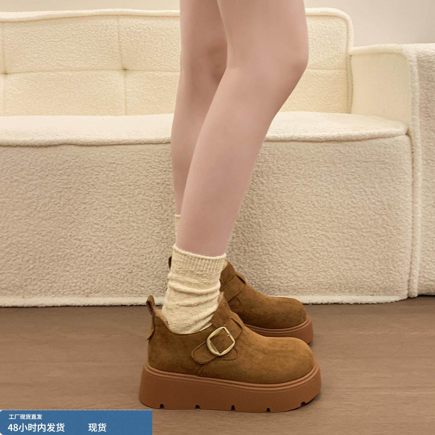 厚底增高加绒加厚勃肯鞋女乐福鞋2025冬季新款雪地靴百搭高帮棉鞋 - 图3