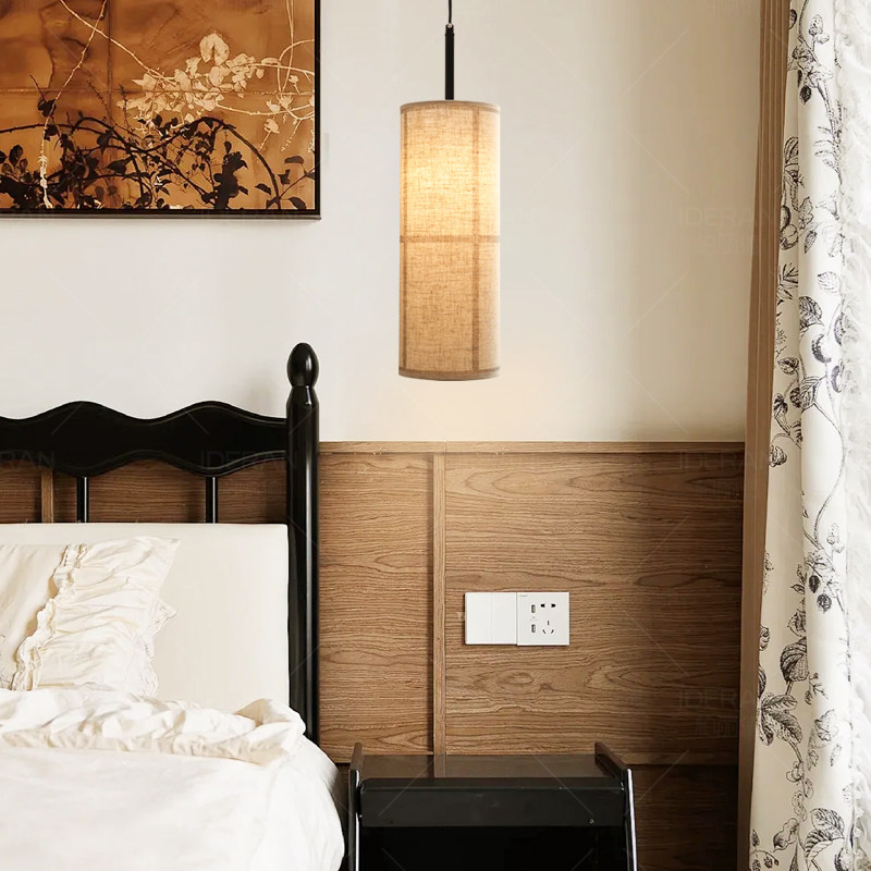 法式中古吊灯家用极简侘寂风布艺灯罩氛围感卧室床头柜上方长线灯,淘宝优惠券,粉丝福利购,淘宝优惠卷