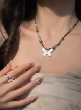 复古天然石蝴蝶项链女新中式小众设计感毛衣链配饰民族风锁骨