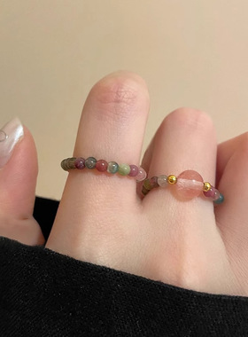 大圆珠碧玺串珠戒指套装女复古民族风弹力绳食指戒高级感简约