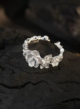 银圳花朵戒指女s925纯银简约时尚轻奢ins个性玫瑰花开口戒食指环