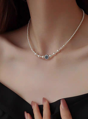 施家baby珍珠项链海蓝宝吊坠法式轻奢小众锁骨链气质百搭高级