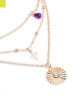 Retro disc 3-layer necklace colored gemstone choker female