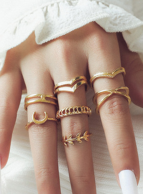 关节戒指female Moon Leaf Double Double Layer Set Ring/Ring