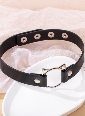 Exaggerated cat black leather adjustable punk girl Necklace
