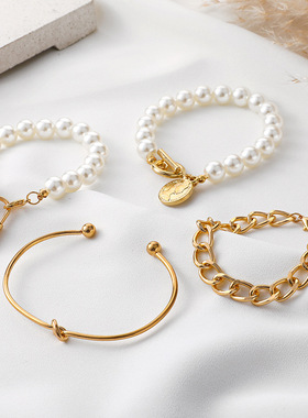 Fashion Lock Pearl Snake Bone Chain Bracelet with Opening