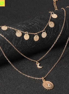 Bohemian moon sun disc choker pendant multi-layer necklace新