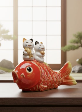 美陶《招财锦鲤》石湾公仔 家居电视柜创意陶瓷鱼博古柜玄关摆件
