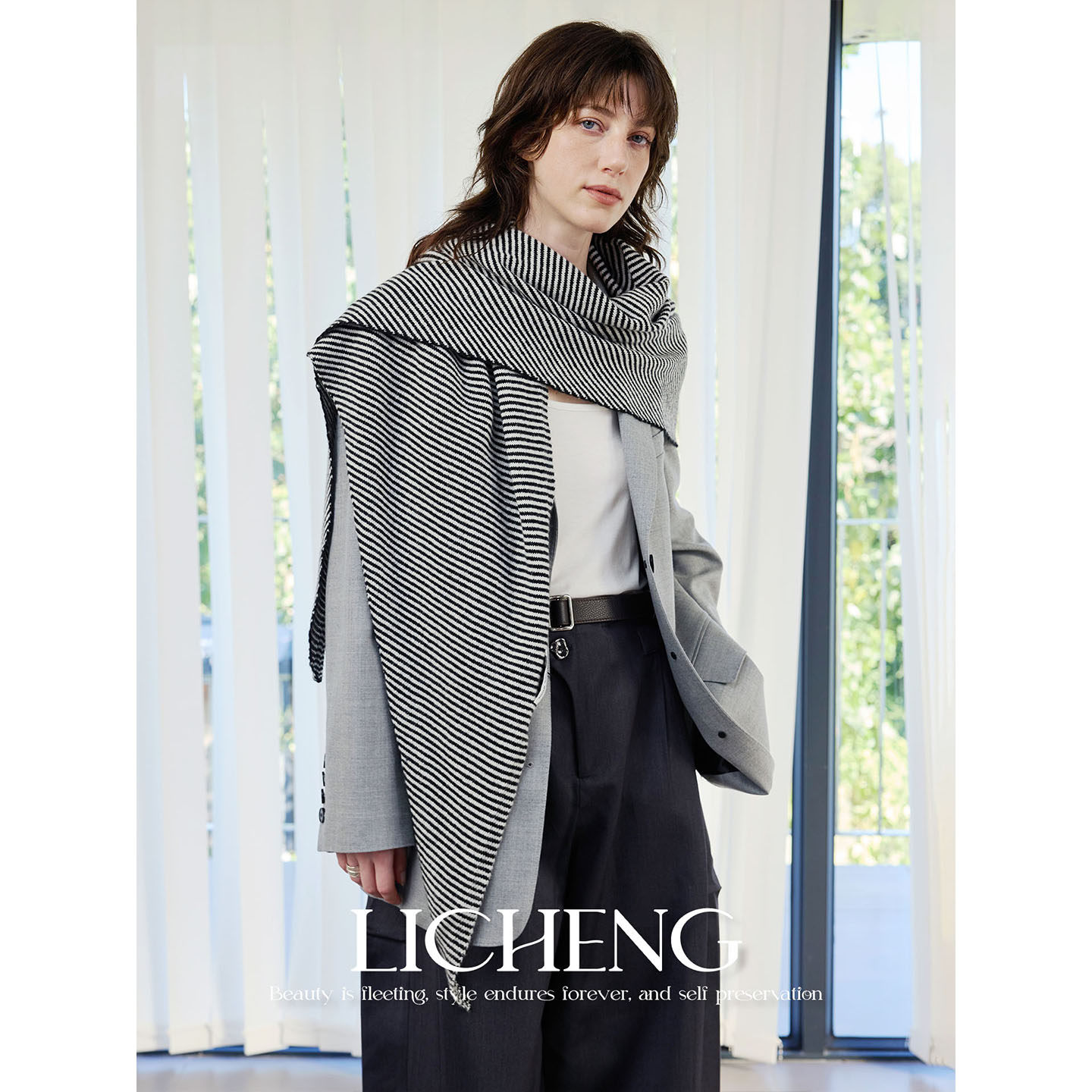 礼诚 100%纯羊毛针织三角巾女秋冬百搭保暖条纹围巾高级感大披肩