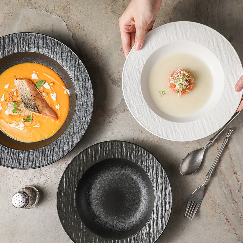 西餐餐具白色岩石草帽碗轻奢陶瓷沙拉碗西餐厅意面盘子商用草帽盘,淘宝优惠券,粉丝福利购,淘宝优惠卷