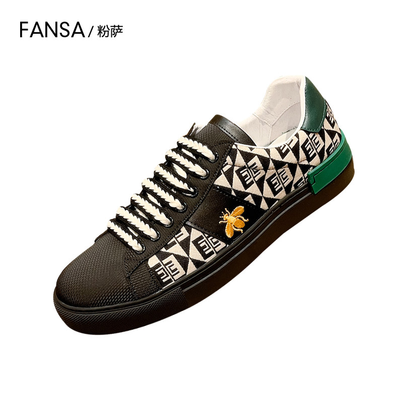 欧洲站板鞋男休闲百搭透气布鞋轻奢潮流大牌小蜜蜂真皮印花小黑鞋,淘宝优惠券,粉丝福利购,淘宝优惠卷