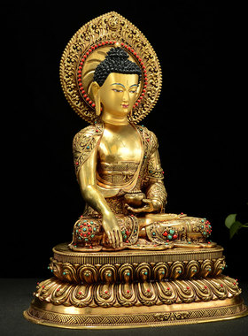 闯隆铜鎏金雕花释迦牟尼铜像摆件