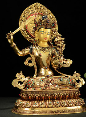 闯隆铜鎏金雕花文殊菩萨铜像摆件