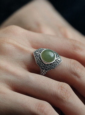 925银蛋面和田玉镂空花边复古民族风戒指女国风新中式百搭指环
