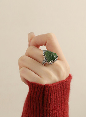 925银复古国风弥勒佛莲花和田玉戒指女小众设计高级感新中式指环