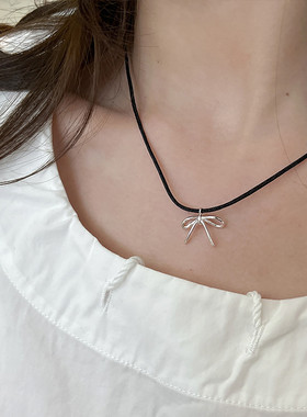 925银蝴蝶结吊坠女项链女简约手工编织可调节毛衣链轻奢高级感