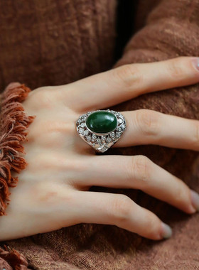 925银和田玉椭圆复古风戒指女指环食指高级感尾戒女戒指女