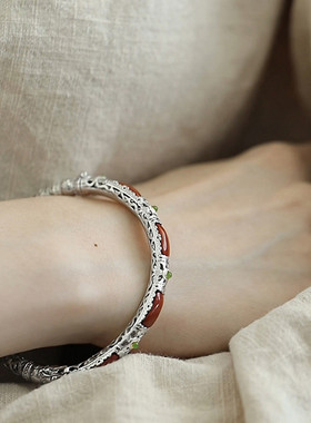 925银南红玛瑙手镯女高级感新年镯子手环国风新中式小众百搭饰品