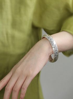 足银花朵国潮风手镯足银手镯女新中式银镯子999实心镯子手环