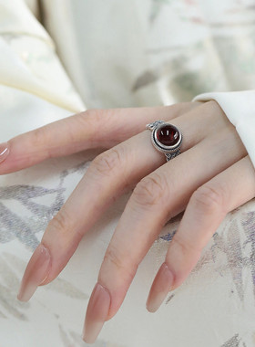 925银复古国风琥珀编织戒指女小众设计新中式高级感指环食指尾戒