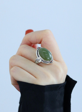 生日礼物925银和田玉复古蛋面戒