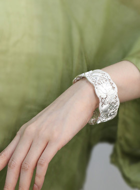 999足银国风镂空花丝葫芦花瓣手镯女小众设计新中式高级感银镯子